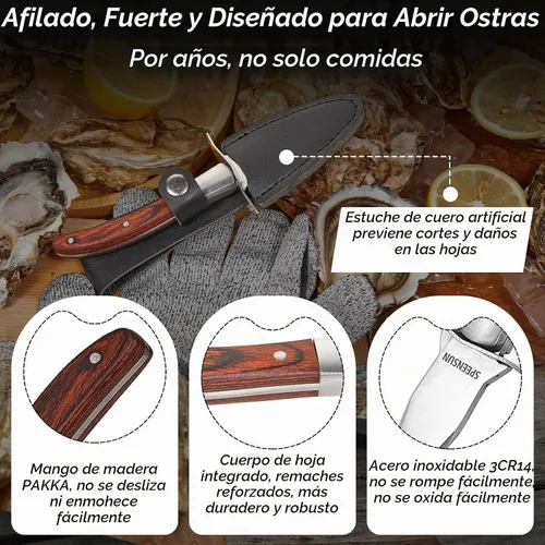 Vista 2 de Cuchillo para cortar ostras, juego de kit de shucking de ostras resistente y afilado con mango de madera cómodo, juego de cuchillo y guante de ostra