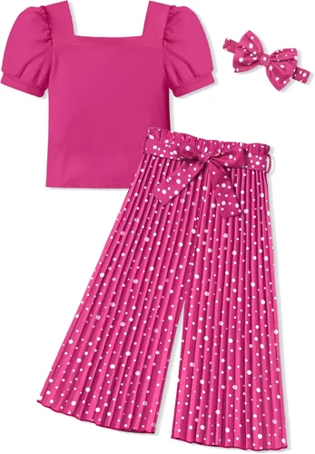 Vista 41 de DONWEN Conjunto de 3 piezas de ropa para niñas pequeñas y niñas con cuello cuadrado + pantalones elegantes + diadema para primavera y verano
