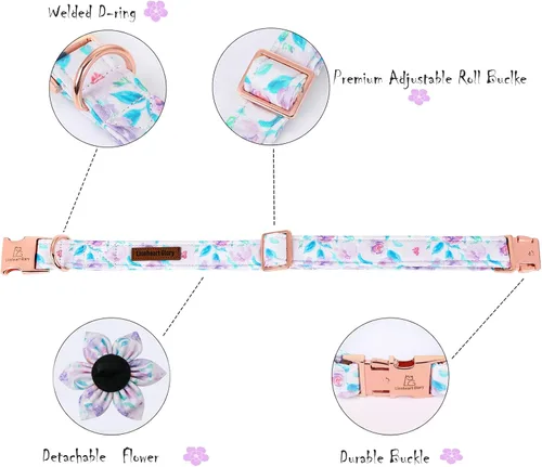 Vista 17 de Collar de perro Lionheart Glory, collar de perro rosa con flor, lindo collar para mascotas con patrón floral ajustable para perros pequeños Rosado