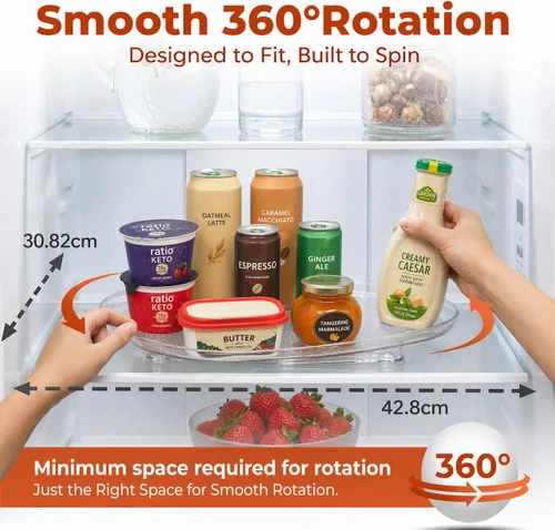 Vista 4 de Oizeir Frigorífico Lazy Susan - Organizador rectangular transparente para refrigerador con ventosas, bandeja giratoria de 360° para refrigeradores