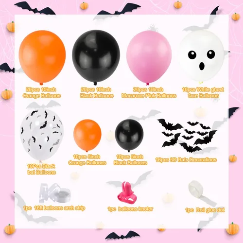 Vista 3 de Kit de guirnalda de arco de globos de Halloween, arco de globos de Halloween rosa, negro y naranja con globos de aluminio BOO, globos de calavera