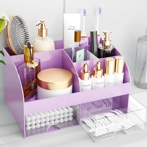 Vista 11 de Organizador de maquillaje con cajones, almacenamiento de cosméticos para tocador y encimera de baño, soporte de belleza para lápiz labial y brochas
