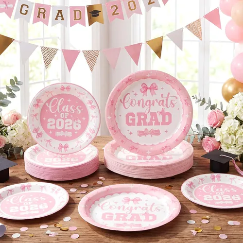 Vista 4 de Mumufy Juego de 100 platos de graduación 2026, suministros de platos de fiesta de graduación, diseño de lazo rosa coqueta, 50 platos de cena
