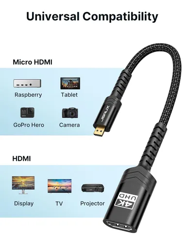 Vista 2 de JSAUX Adaptador Micro HDMI a HDMI, Cable Adaptador Micro HDMI Macho a HDMI Hembra, 4K@60Hz HDR 3D 18Gbps - Negro