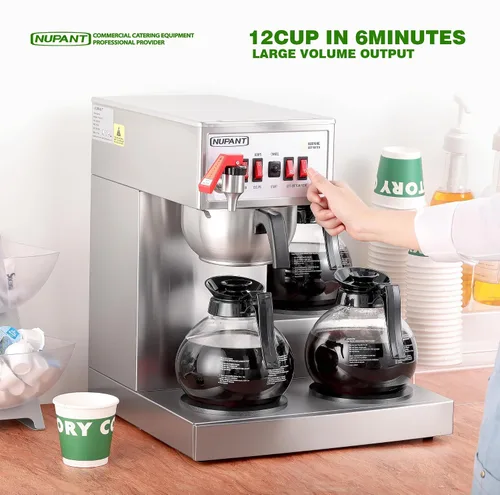 Vista 2 de NUPANT Cafetera Comercial de 12 Tazas, Cafetera Automática de Goteo con Relleno Automático y 3 Jarras de Vidrio, 3 Calentadores, Cafetera de Acero