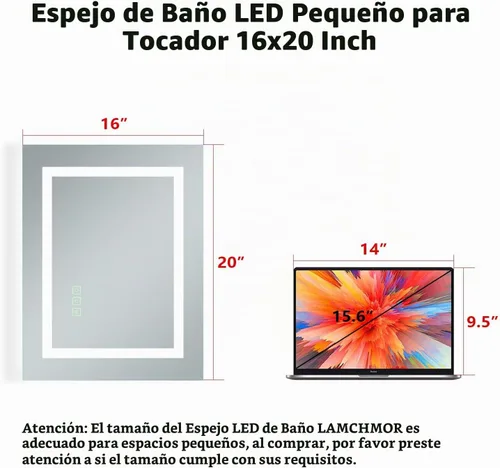 Vista 4 de Espejo de baño LED de 16 x 20 pulgadas, sin marco, con luces retroiluminadas y regulables frontales, antiniebla (apagado automático), espejo