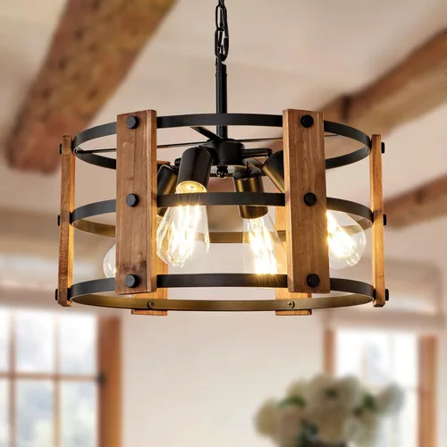 Vista 20 de Lámpara colgante estilo granja, luces colgantes negras para isla de cocina, luz colgante de metal industrial y madera vintage, lámpara de techo