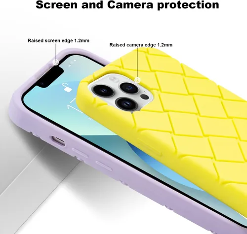 Vista 2 de bicol Funda para iPhone 13 con bonito diseño de celosía de rejilla, protector de pantalla de cristal, ajuste delgado, suave, a prueba de golpes Limón