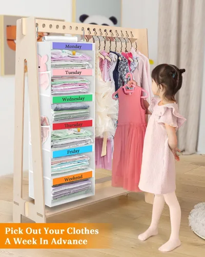 Vista 2 de punemi Organizador semanal de ropa para niños, 6 estantes colgantes con bolsillos laterales, diseño de días de la semana, 11.8 x 11.8 x 37.8