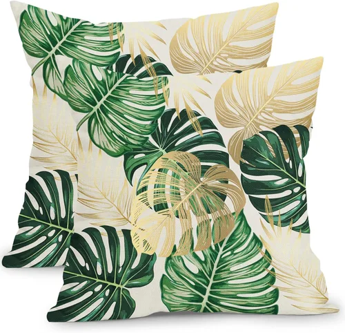 Vista 35 de Fundas de cojín decorativas primavera-verano 40x40 cm, juego de 2 fundas de cojín verdes con flores botánicas, fundas de cojín decorativas para Aqua