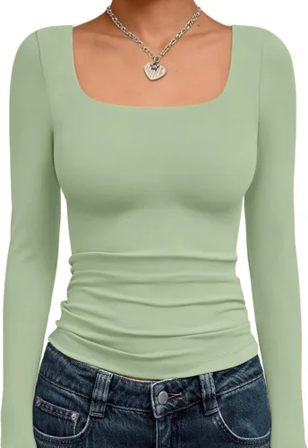 Vista 36 de Trendy Queen - Camisas ombligueras para mujer, manga larga, cuello cuadrado, básicas, para salir, de invierno, Y2K Albaricoque