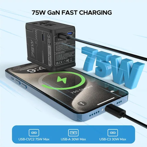 Vista 4 de Adaptador de viaje universal 75W GaN, adaptador de corriente internacional