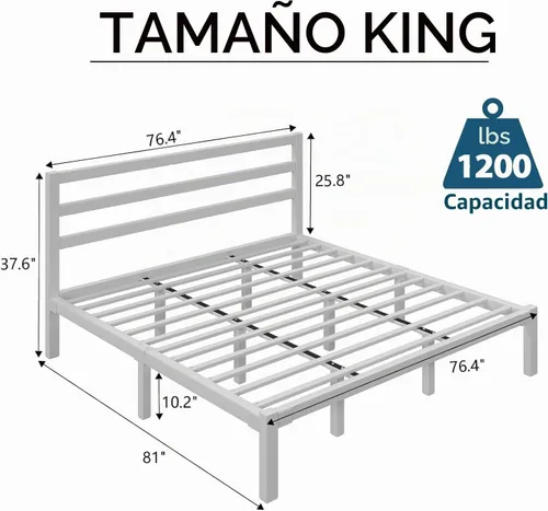 Vista 2 de LoVinson Marco de cama de metal tamaño King con cabecero, listones de metal, color blanco