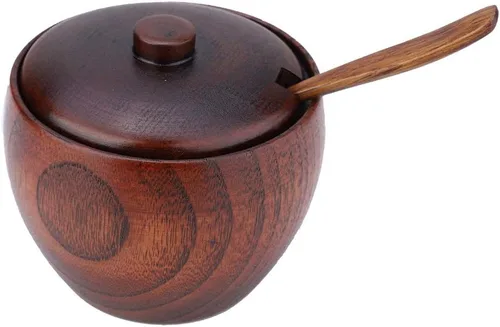 Vista 7 de Tarro de especias de madera maciza natural, 1 tarro de especias de madera maciza para condimentos, azucarero con cuchara y tapa para herramienta