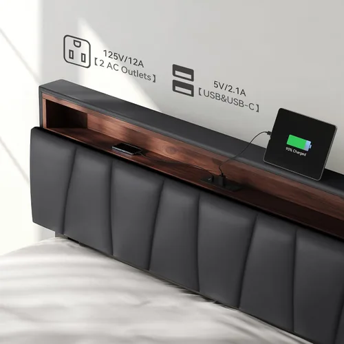 Vista 5 de YITAHOME Base de cama de tamaño matrimonial, marco de cama LED con cabecera tapizada de almacenamiento, cama de plataforma con salida y puertos USB
