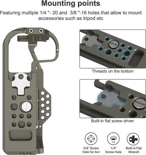 Vista 3 de Jaula R5 / R5 C / R6 para Canon R5 R6 R5 C, estabilizador de plataforma DSLR de aleación de aluminio con zapata fría, agujeros roscados de 1/4