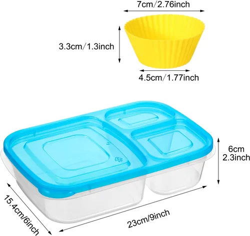 Vista 3 de Tanlade 4 piezas Bento Snack Box con 12 piezas de silicona para cupcakes forros para almuerzo, contenedores reutilizables de 3 compartimentos