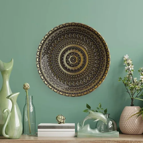 Vista 5 de XISUNYA Plato decorativo de 6 pulgadas, porcelana redonda de mandala dorada, plato de exhibición de estampado floral indio oriental para mesa