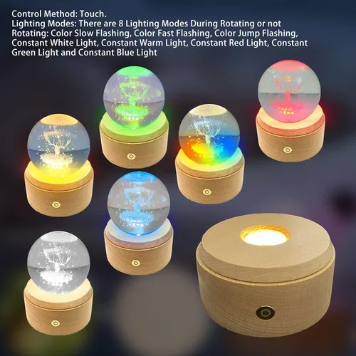 Vista 7 de Base de pantalla LED de madera, soporte de exhibición giratorio, base redonda iluminada de madera, 8 modos de iluminación, soporte de luces LED