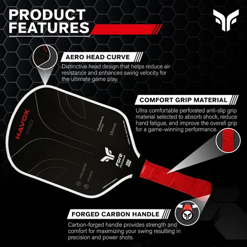Vista 4 de Havok Pro Pickleball Paddle: Carbon Fiber Surface for Enhanced Power, Precision and Maximum Spin - Large Sweet Spot and USAPA Approved