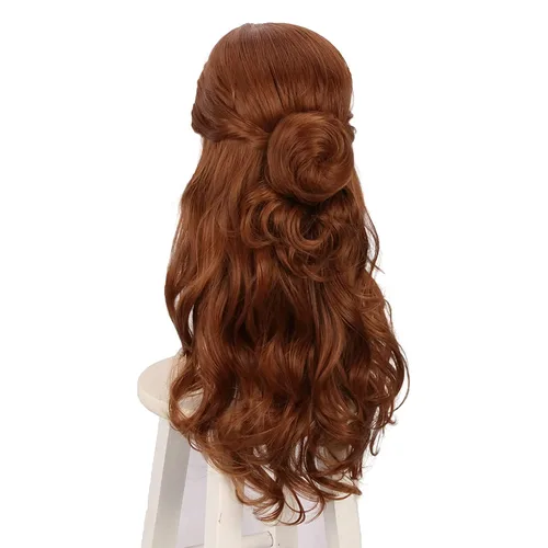 Vista 4 de Peluca marrón con moño largo ondulado para mujer, disfraz de princesa para Halloween Marrón oscuro