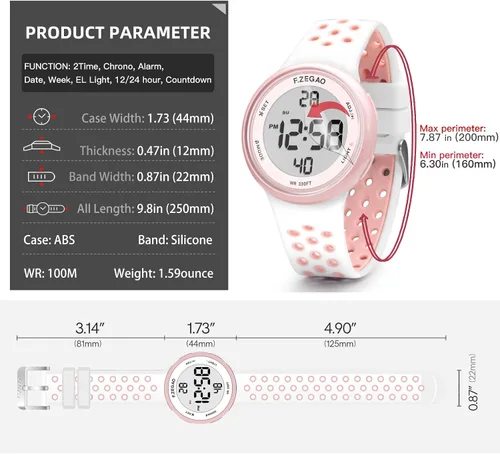 Vista 5 de Reloj digital unisex de 10ATM con cronómetro, alarma, cuenta regresiva, doble hora con banda de silicona suave de doble inyección, Rosa-Blanco