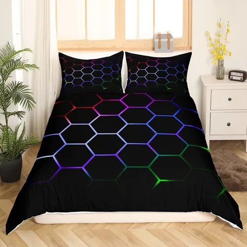 Vista 14 de Funda de edredón de panal para niños, hombres y niñas, juego de ropa de cama moderno con temática geométrica hexagonal, diseño de cuadrícula