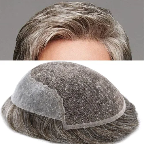 Vista 11 de Toupee para hombres, sistema de reemplazo de cabello humano Remy, nudos blanqueados, encaje frontal, piel fina, para hombre, color gris, pelucas
