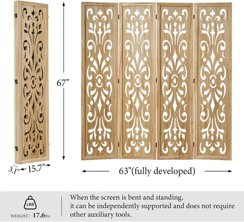 Vista 6 de Divisor de ambientes de 5.6 pies, pantalla de división tallada clásica de madera plegable para el hogar, oficina, jardín, 4 paneles (natural)