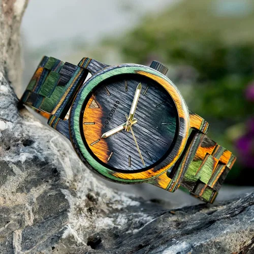 Vista 6 de BOBO BIRD Reloj de madera para hombre, reloj de pulsera analógico de cuarzo de moda, relojes de madera hechos a mano coloridos para hombres