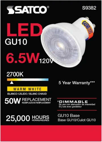 Vista 7 de Satco S9382-6.5 W MR16 Bombilla reflectora LED, luz blanca cálida de 2700 K, 500 lúmenes, ángulo de haz de 40 grados, base de dos pines GU10
