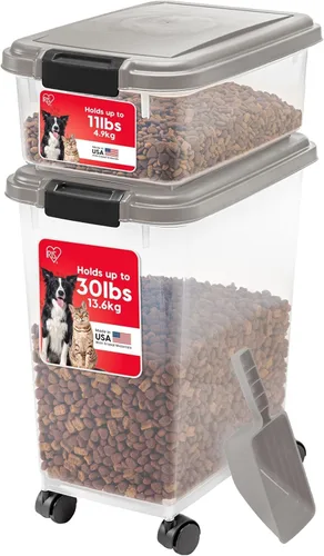 Vista 13 de IRIS USA Contenedor hermético de almacenamiento de comida para perros combinado de 30 libras y 11 libras, caja apilable para premios, cuchara de 2
