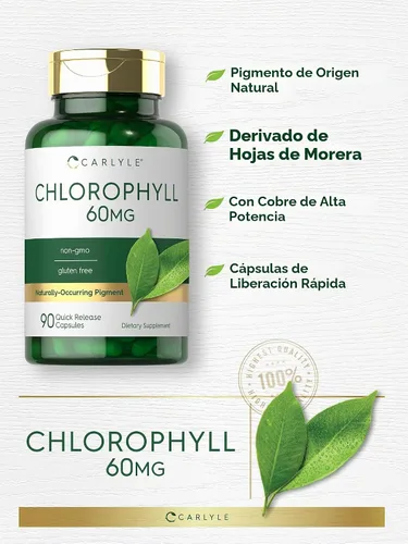 Vista 3 de Carlyle Cápsulas de clorofila 60 mg 90 pastillas complejas con cobre Suplemento sin OMG y sin gluten