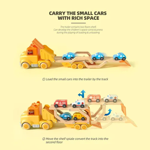 Vista 2 de Juguetes de autos para niños pequeños de 2, 3, 4, 5 años, juguete de camión transportador con 4 vehículos de madera, remolque de pista plegable