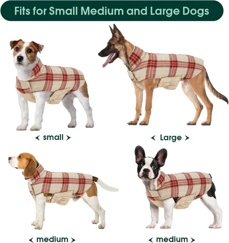 Vista 5 de Kuoser Abrigo impermeable para perro, chaqueta reversible cálida para perro beigeYrojo