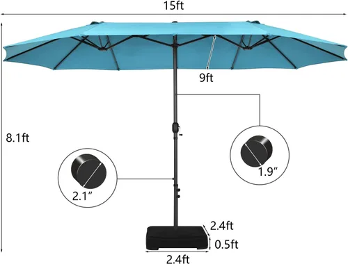 Vista 5 de Tangkula Sombrilla de patio de doble cara de 15 pies, sombrilla de jardín ultra grande para exteriores, con manivela y base mejorada, para uso