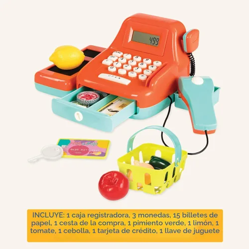 Vista 6 de Battat Kids - Caja registradora con escáner y sonidos, juego de 26 piezas Pretend play shopping set with calculator, light-up scanner, play money