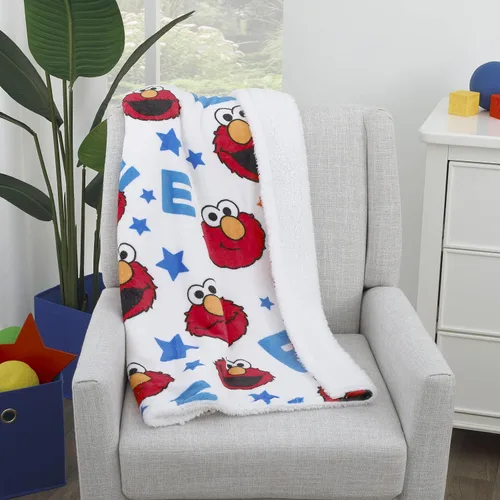 Vista 2 de Sesame Street Elmo, rojo, azul, amarillo, verde y blanco con estrellas súper suave manta de bebé, rojo, azul, blanco