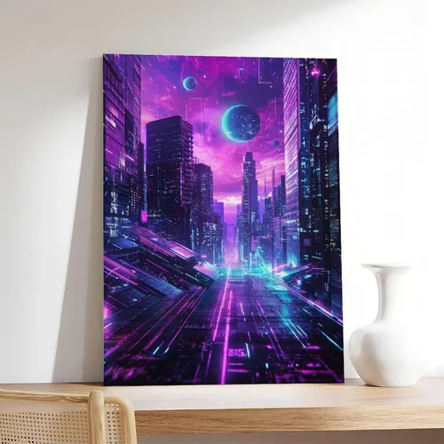 Vista 7 de Futuristic Neon City Wall Art – Synthwave Aesthetic Poster with Grid & Planet Elements Modern Wall Prints Abstract Geometric Minimalist Art Framed