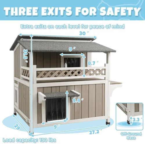 Vista 7 de Casa de madera para gatos para exteriores e interiores, resistente a la intemperie, refugio para gatos de dos pisos, hogar cerrado para gatos