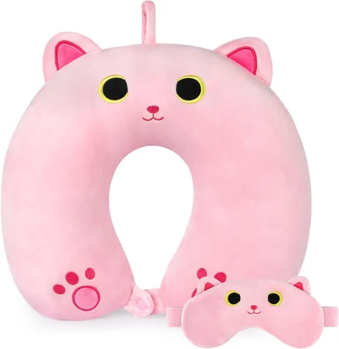 Vista 6 de Almohada cervical de viaje para niños y adultos, linda almohada de viaje para niños con gato negro, almohada de cuello de dibujos animados