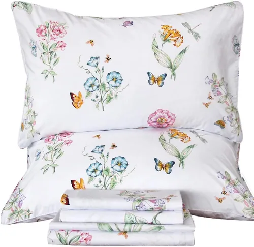 Vista 11 de QSH Juego de sábanas de tamaño individual 100% algodón egipcio, estampado de flores verdes con pájaros, mariposas y botánicas, lujo impreso, ropa