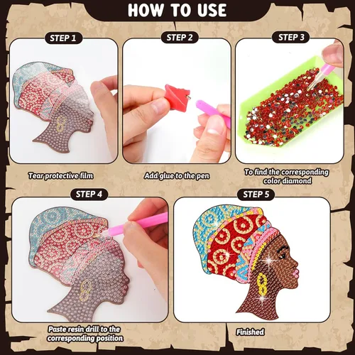 Vista 4 de 8 posavasos de pintura de diamantes afroamericanos con soporte para mujeres negras, kits de arte de diamantes para adultos, principiantes