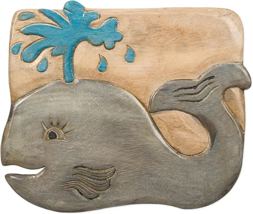 Vista 2 de Taburete corto decorativo de madera de acacia tallada a mano con diseño de ballena