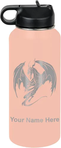 Vista 72 de LaserGram Botella de agua con tapa abatible de doble pared de 12 onzas con pajilla, dragón, grabado personalizado incluido (negro)