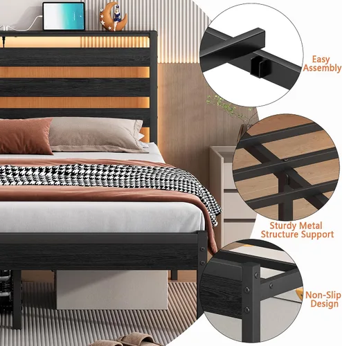 Vista 5 de CLIBFENG Base de cama tamaño individual con estación de carga USB, marco de cama LED con cabecera de almacenamiento de madera, cama de plataforma