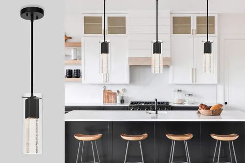Vista 3 de XiNBEi Lighting Lámpara colgante, moderna cocina negra colgante colgante de iluminación con vidrio cuadrado y bombilla LED XB-P1110-SQ-MB