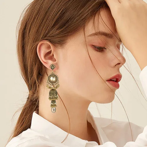 Vista 2 de Jhumka Jhumki - Aretes colgantes de borla vintage con cuentas étnicas indias, bolas de campana, aretes tradicionales oxidados antiguos para mujeres