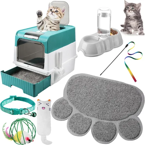 Vista 10 de Tioncy Kit de iniciación de 7 piezas para gatos pequeños, caja de arena para gatos con pala y alfombrilla de arena para patas, cuencos dobles Negro