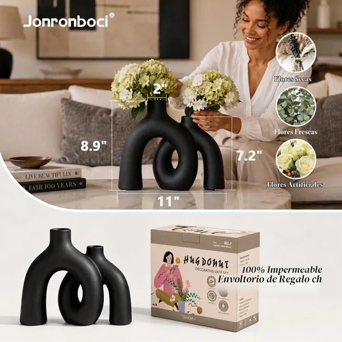 Vista 4 de Juego de jarrones negros mate – Jarrones estéticos de cerámica Hug Hollow Donut para decoración del hogar, moderno jarrón decorativo nórdico